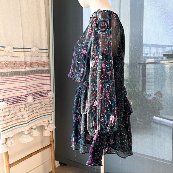 Ramy Brook Logan Floral Long Puff Sleeve 100% Silk Mini Dress Women’s Size Small - Picture 4 of 8